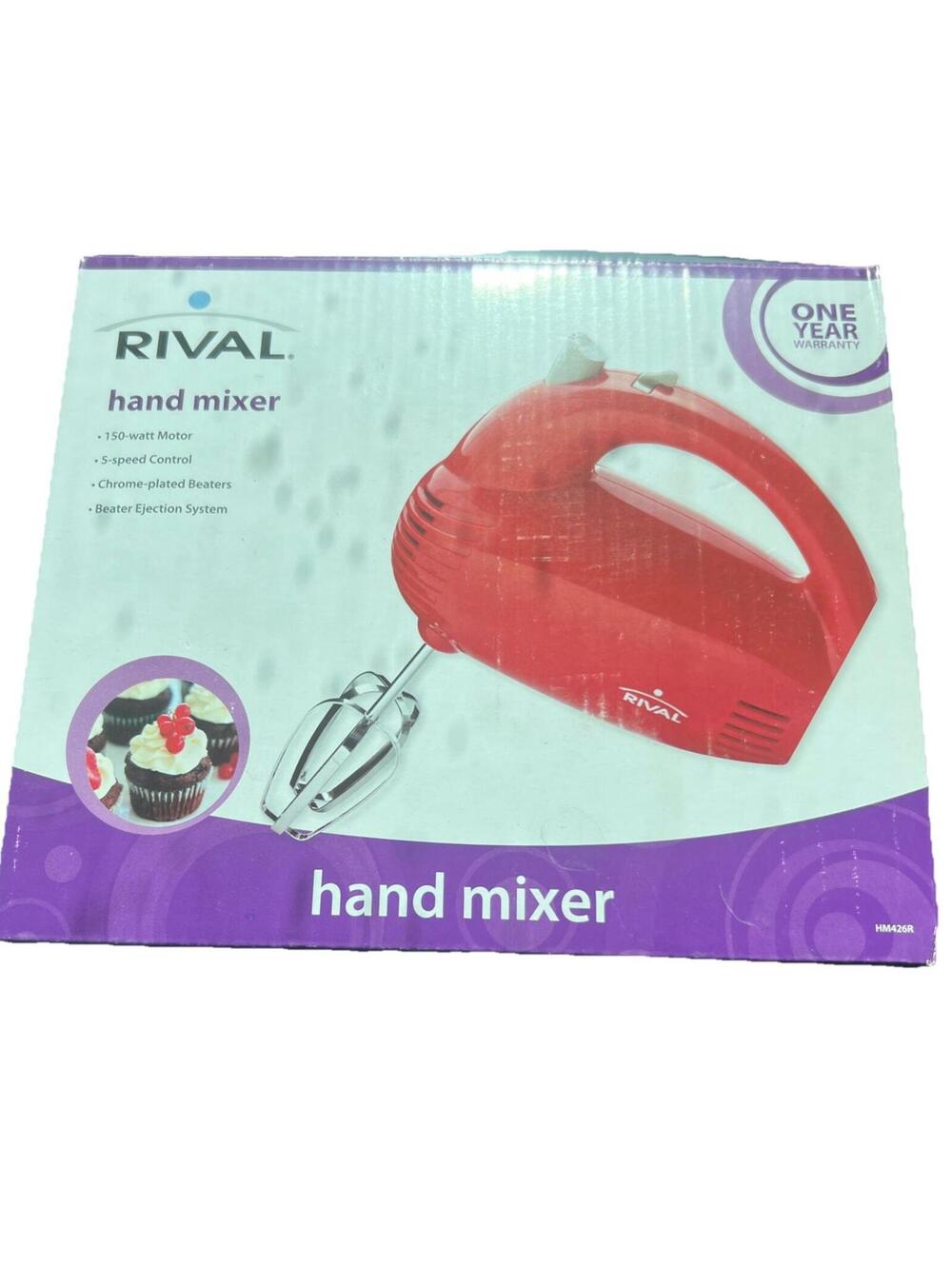 RIVAL Red Hand Mixer 150 watts 5 Speeds Chrome Beaters Eject Function HM426R